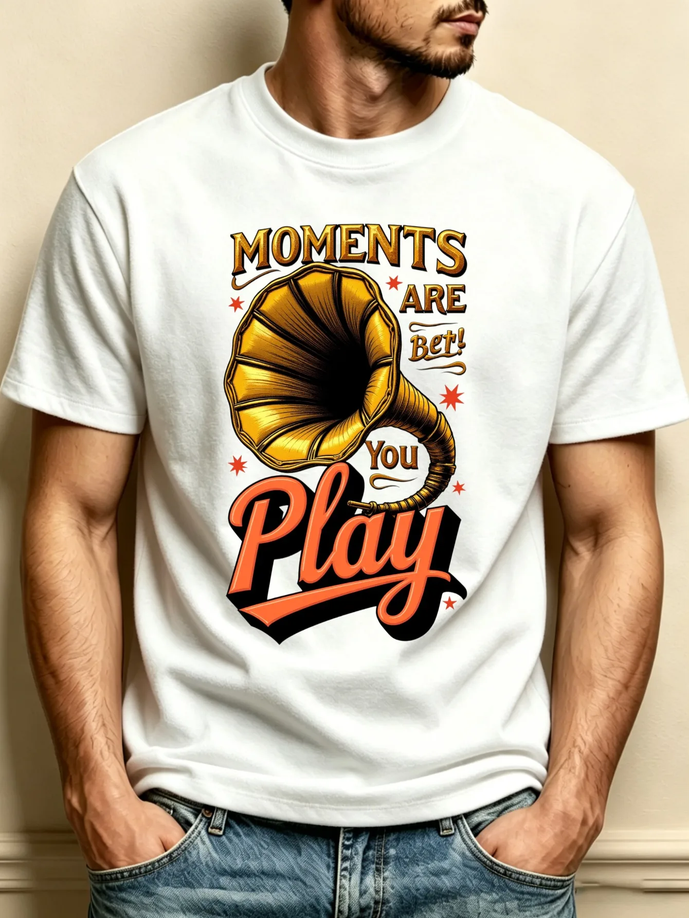 Retro Phonograph Design Men's Crew Neck T-Shirt, Loose Fit, Pure and Stylish, Versatile, Soft and Comfortable Fabric, Suitable for Daily Wear and Holiday Gifts, Always Waiting to Play Your Favorite Tunes, Perfect for Music Lovers and Vintage Enthusiasts