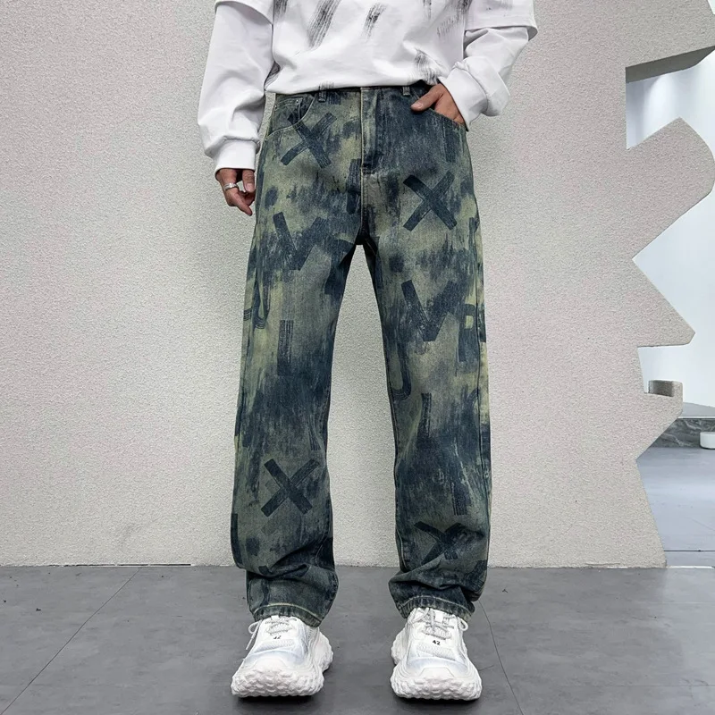 Y2K Retro2024 Jeans Men's American Style High Street Loose Straight Wide Leg Street Fashion Tie-Dye Printed Denim Cloth Trousers