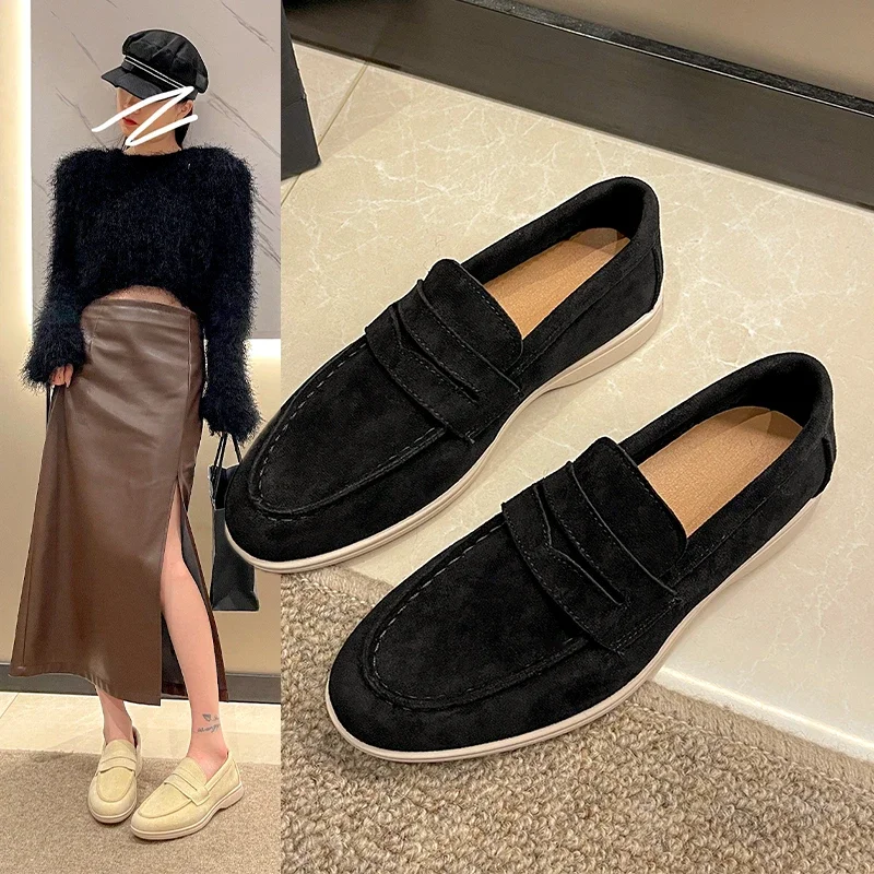 Women Flat Shoes Khaki Suede Summer Walk Shoes Slip-on Lazy Loafers Causal Moccasin Comfortable Mules Driving Shoes 2024