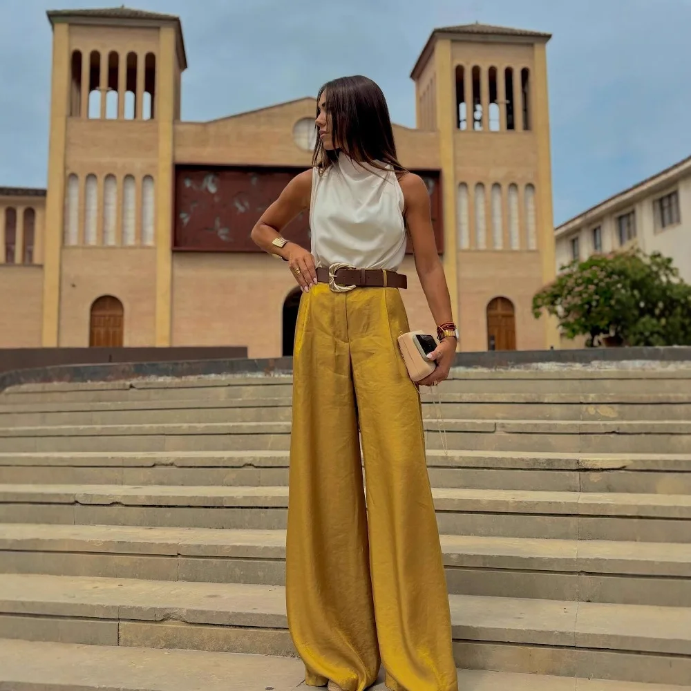 FL Leopard Satin with Belt High Waisted Trousers Wide Leg Pants Women's Clothing 2025 Summer New Arrivals Casual Pants Trousers