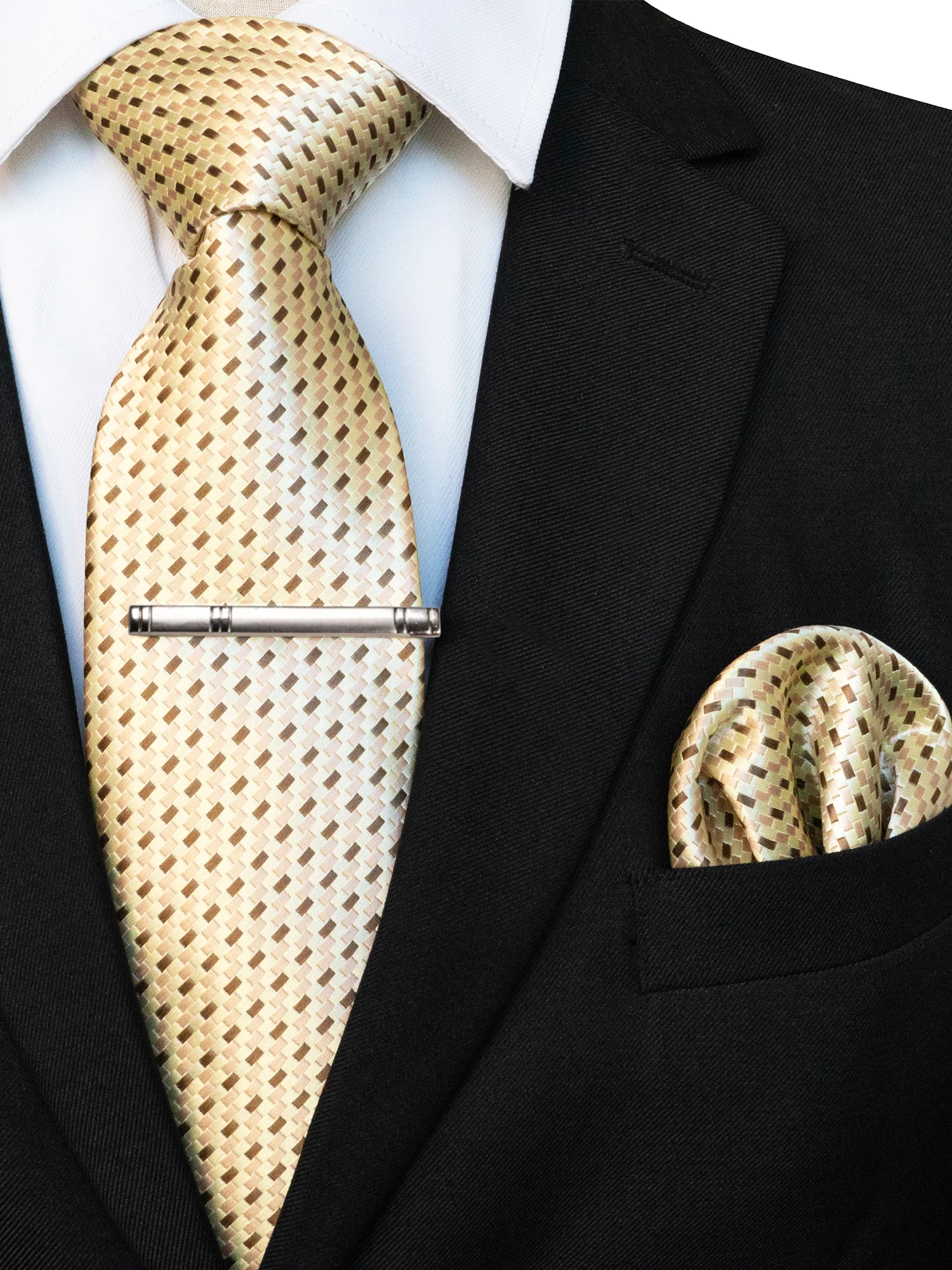 KAMBERFT Klassische Herrenkrawatte mit Krawattenklammer und Einstecktuch, 3-teiliges Set für Büro, Hochzeit, Party – Detail 15