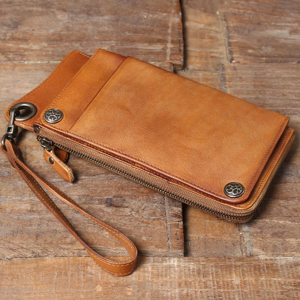 S.WORKER Echtes Vollnarbiges Rindsleder Langes Portemonnaie für Herren, Clutch mit mehreren Kartenfächern, Casual-Geldbörse mit Handgelenkschlaufe – Detail 9