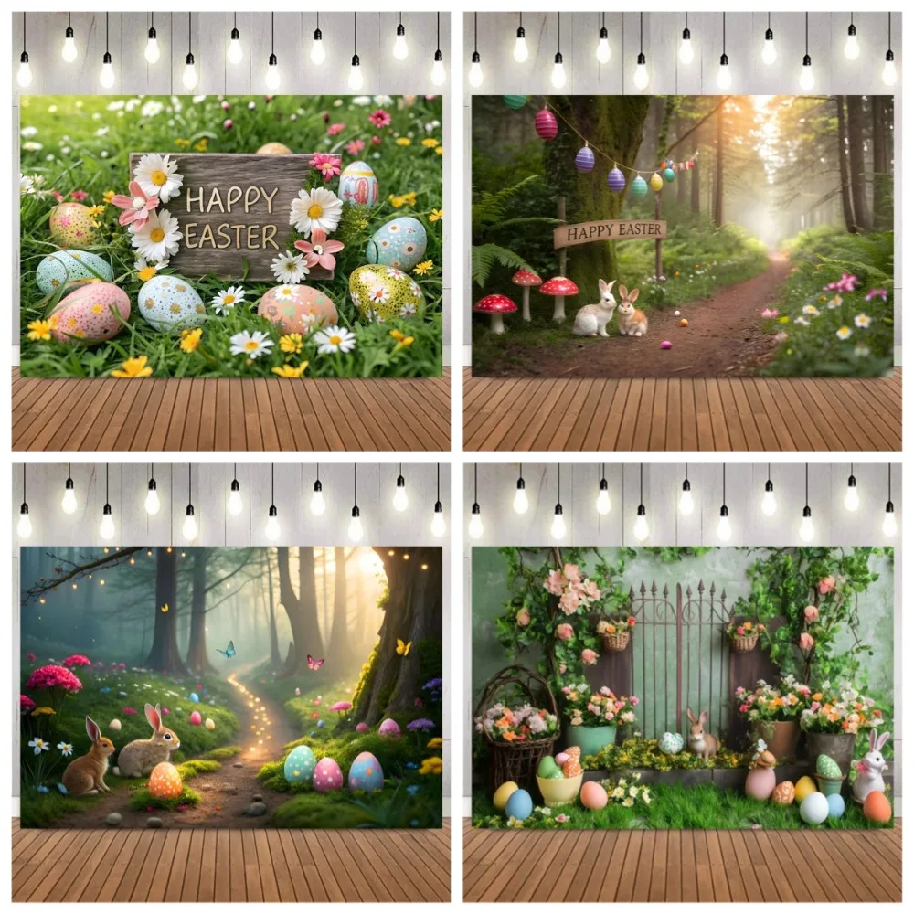 

Spring Easter dreamy shooting Backdrop, forest rabbit, Easter egg butterfly, family gathering party decoration shooting Backdrop