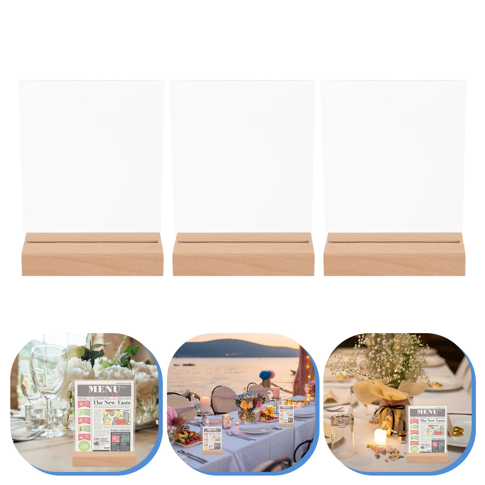 

3 Pcs Table Menu Display Holders Wood Base Acrylic Transparent St for Shop Home Office Lightweight Smooth Edge