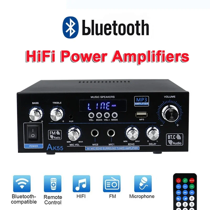 Home Digital Amplifiers Audio Bass Audio Power bluetooth Amplifier Hifi FM Auto Music Subwoofer Speakers USB SD Mic Input AK55