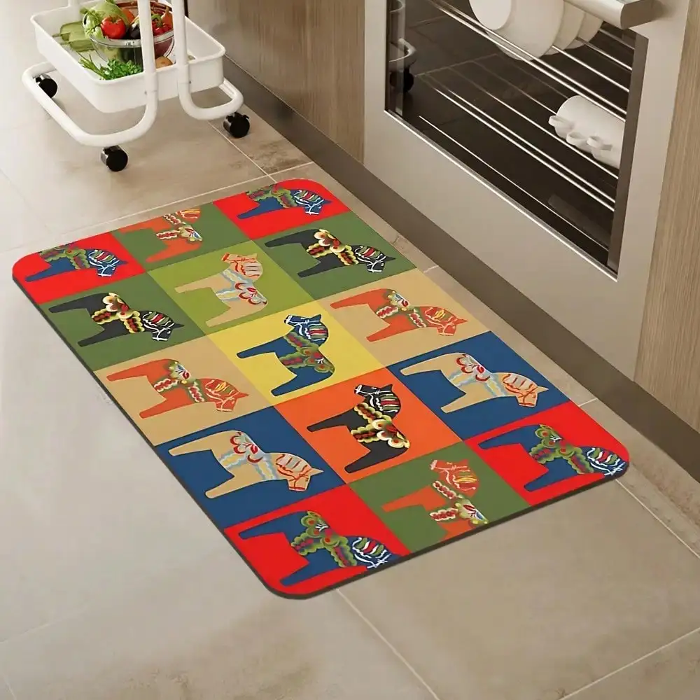 1pc, Interesting Horse Pattern Bath, Swedish Folk Art Non-Slip Shower, Washable, Suitable Living Room, Bedroom, Bathroom, Kitchen, Study, Computer Room, Indoor