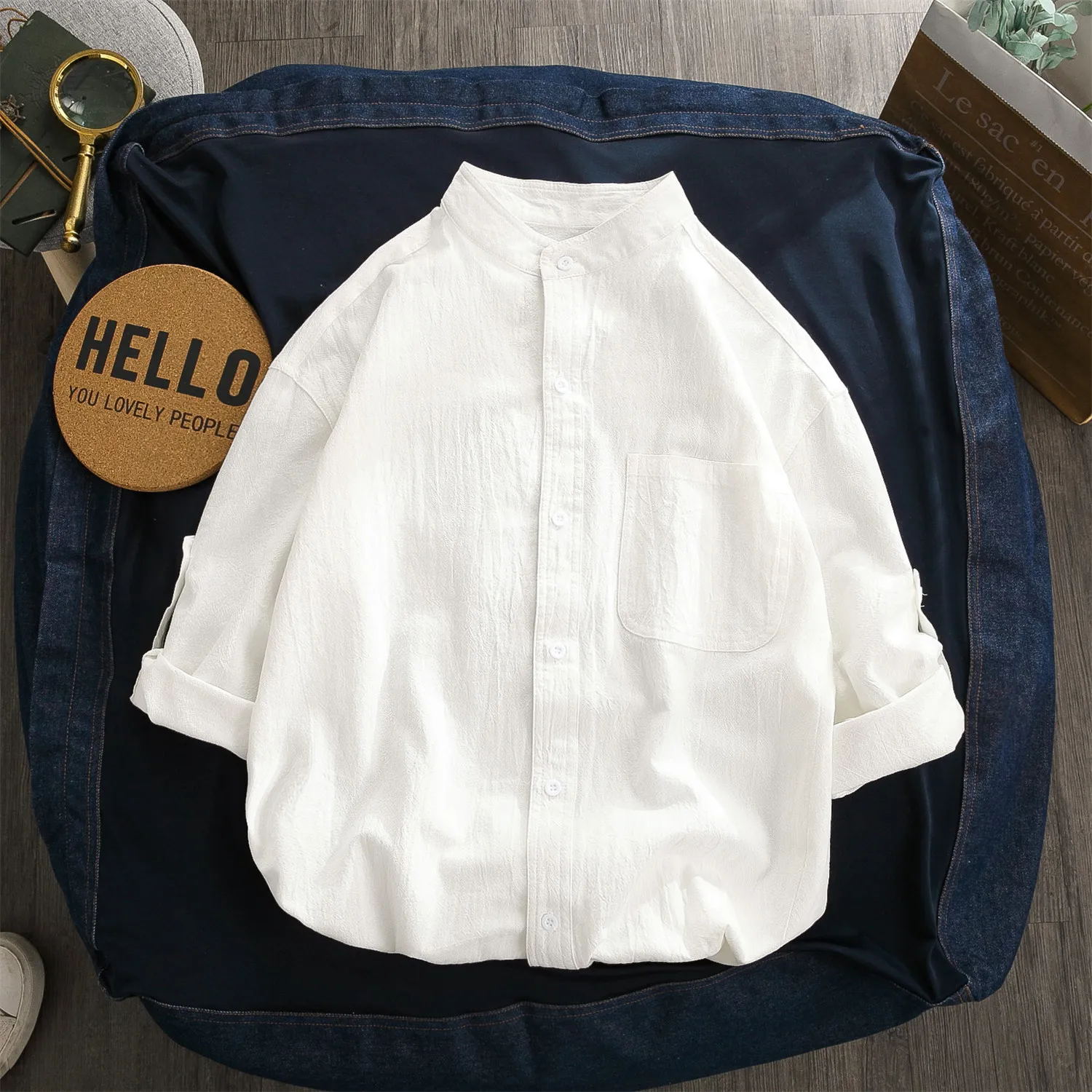 

Summer New Men's Short Sleeve Shirt Cotton Linen Seven Sleeve Stand Collar Pure Color White Casual Fashion Outerwear Coat