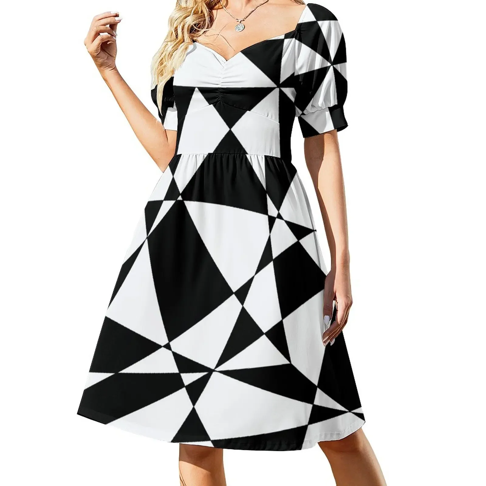 

Black and White Retro Geometric Pattern Sleeveless Dress luxury woman party dress elegant guest wedding dress