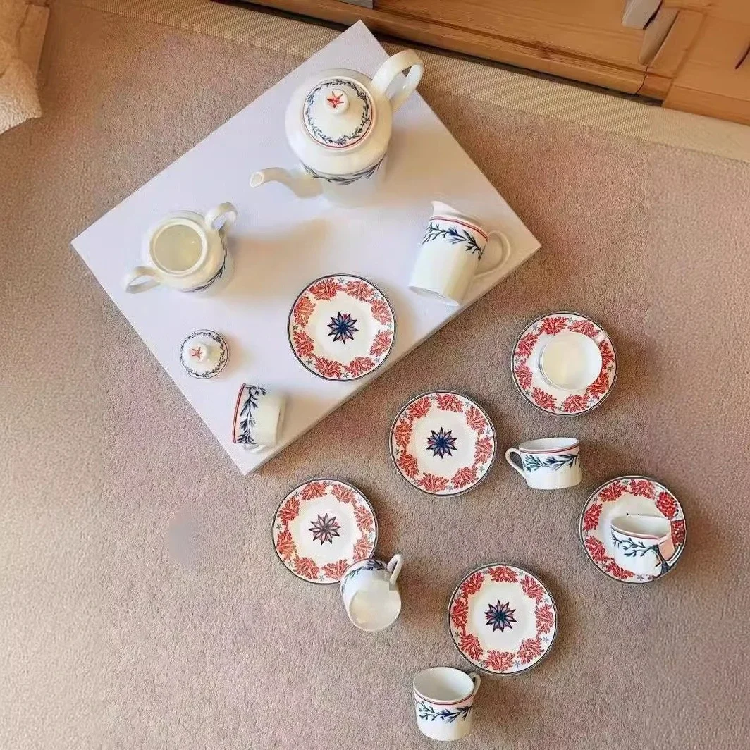 Retro Blue Floral Branch Ceramic Tea Set Porcelain Teapot & Coffee Mugs Set European Afternoon Tea Table Decor Wedding Gift Box