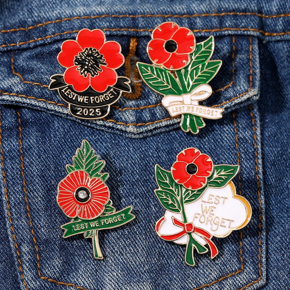 Lest We Forget Broches esmaltados de flores de amapola Día de los veteranos Día del recuerdo 2025 pines insignia de recuerdo