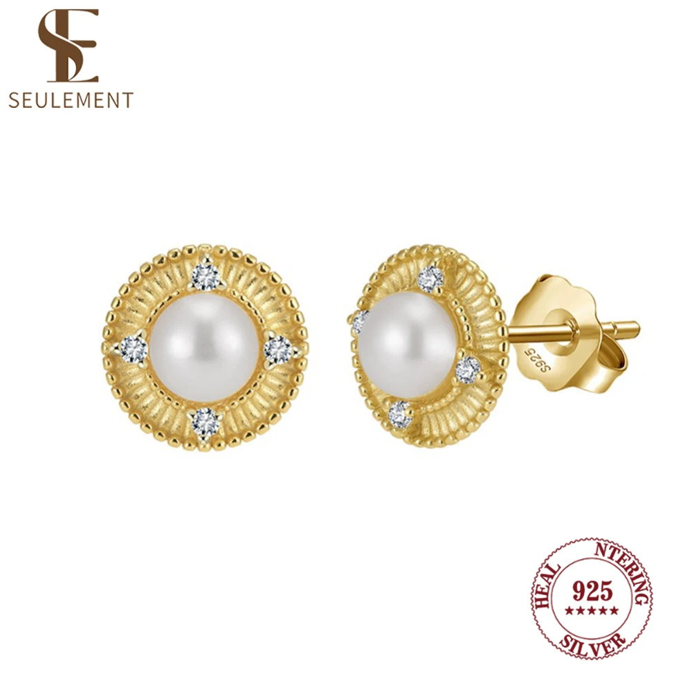 

Seulement Freshwater Natural Pearl Earrings for Women Zircon Inlay 925 Sterling Silver Stud Earrings Fashion Party Jewelry