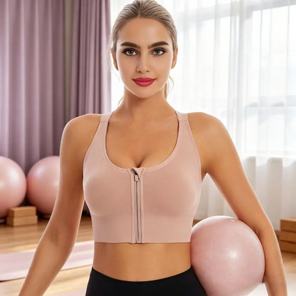 High Impact Sports Bra for Women Zip Front Racerback Wireless Gym Running Fitness