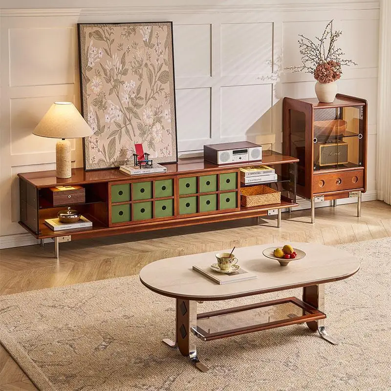 Medieval solid wood TV cabinet coffee table combination living room small apartment storage locker