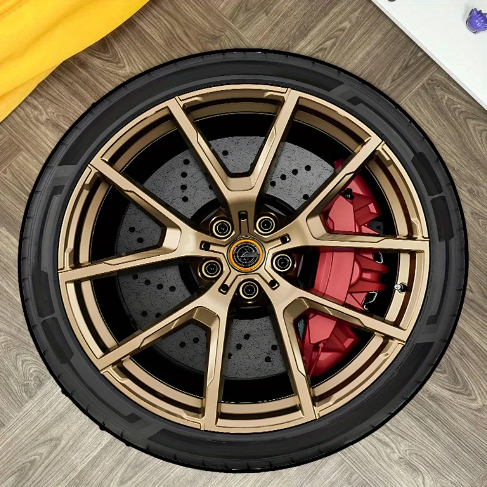 Bronze Car Wheel Rim Round Rug Realistic Brake Caliper Print NonSlip Floor Mat for Game Room Garage Man Cave Supercar Decor