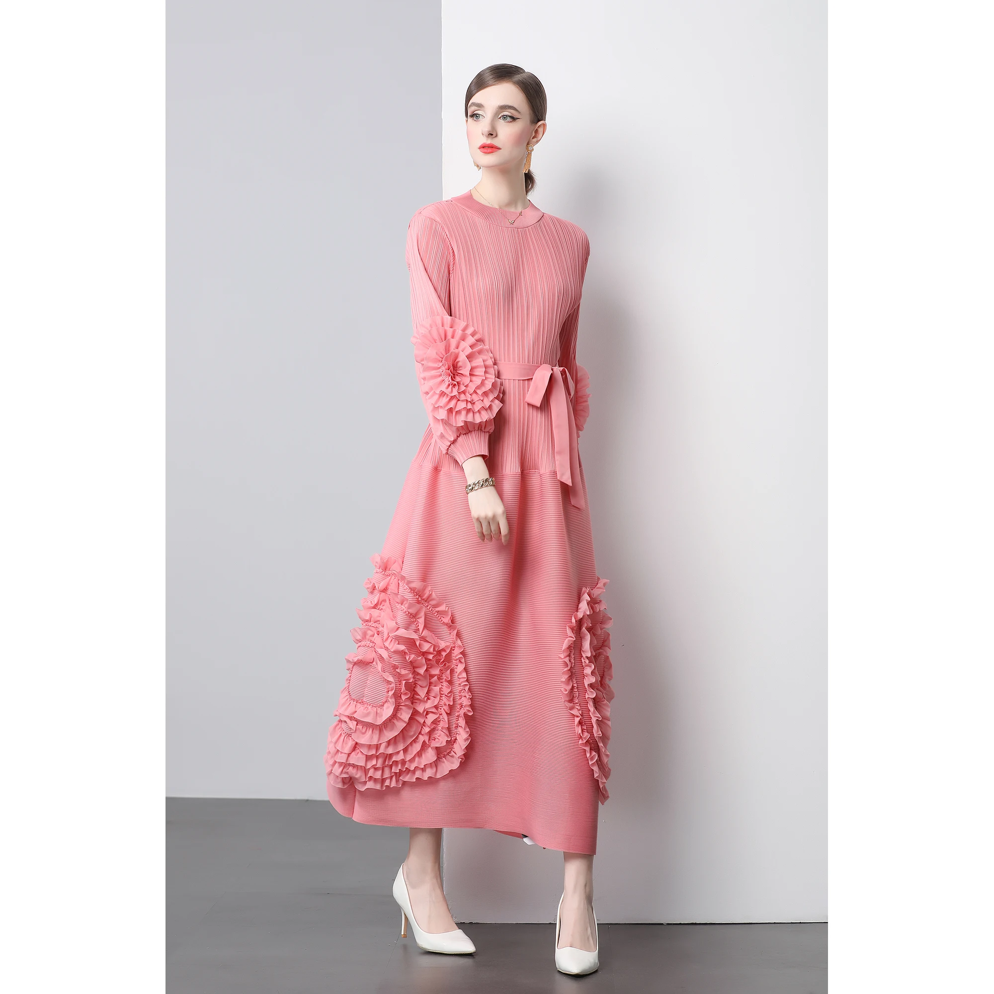 ZUO MAN RU-Jupe longue pliée pour femme, décoration florale 3D, à lacets, taille amincissante, robe longueur genou, automne, nouveau, 2024