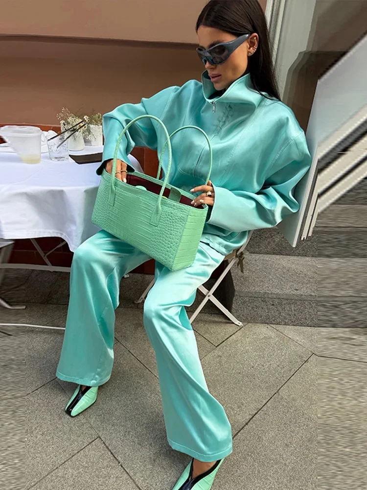 Herbst Damen Mintgrüner Satin 2-Teiliger Anzug Stehkragen Reißverschluss Vorne Lose Langarm-Bluse Weite Hose Urlaubs-Matching-Anzug – Detail 17