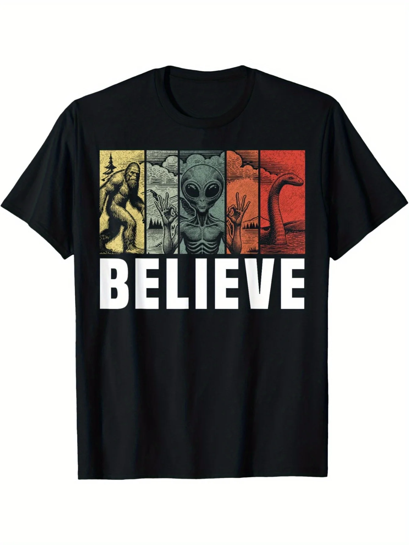 Men's Cryptid UFO Graphic Cotton T-Shirt "Believe" DesignCasual Crew NeckLoose FitShort SleeveAll-Season Wear2