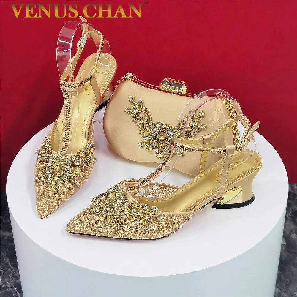 

Venus Chan Nigerian Style Women Heels Party Shoes and Bags Fashion Stiletto Pointed Toe Shoes and Shiny Clutches