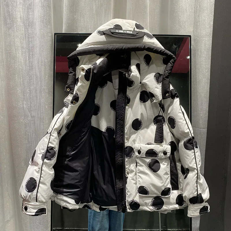 Korean style fashion printed polka dot down jacket for women in winter 2025 new thick and slimming white duck down jacket