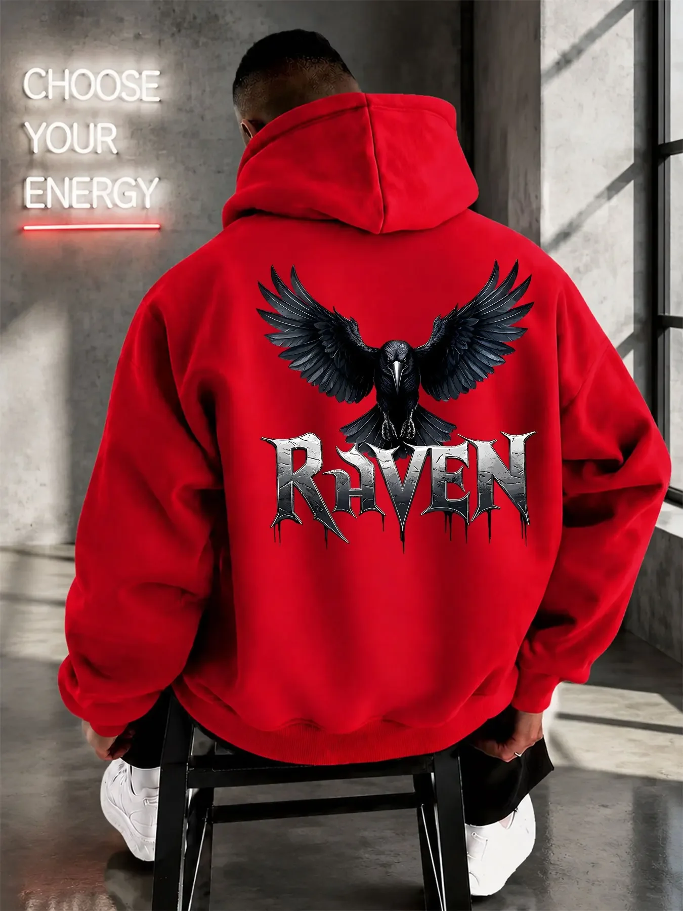 Double Sided Print Raven Crow Hoodie Unisex Gothic Metal Letter Print Oversized Hooded Sweatshirt Dark Streetwear Hoody