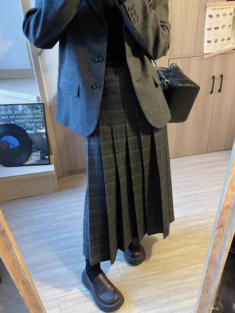 

DOMX Autumn Winter Thiened Plaid A-Line Skirt Vintage f-length Berkeley Pear-aped Girls Polyester Cotton Blend Skirts