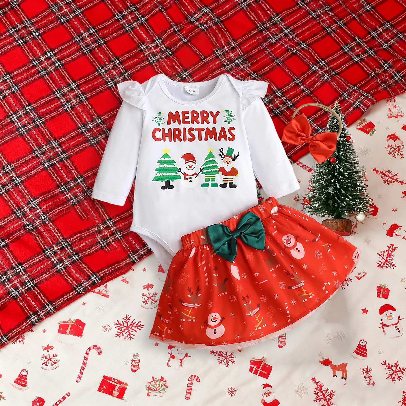 طفلة عيد الميلاد الزي طويلة الأكمام رومبير القوس الجبهة تنورة عقال مجموعة ملابس الوليد