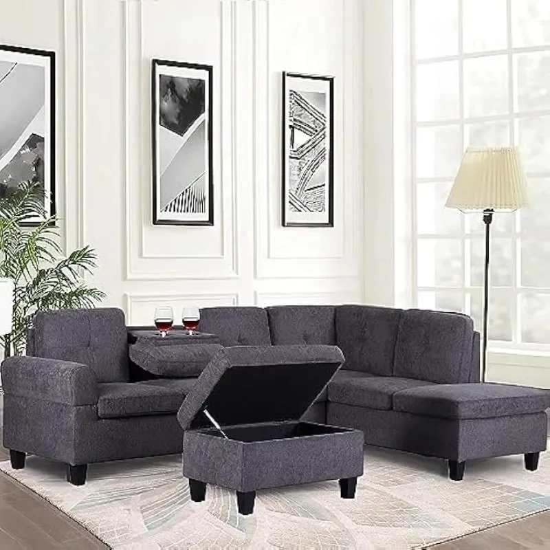 

Set Left Right Chaise Lounge & Storage Ottoman Upholstered Corner L Shaped Sofá Living Room Couch w/Cup Holder