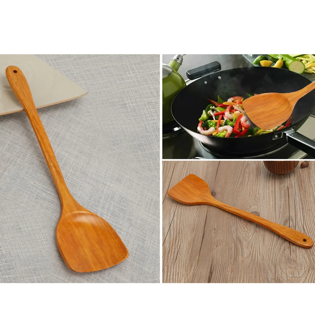 【ELEVATE LIFE】4Pcs Wooden Kitchen Utensils No Paint Non-Stick Pot Solid Wood Shovel Set Pure Teak Solid Wood Long Handle Shovel