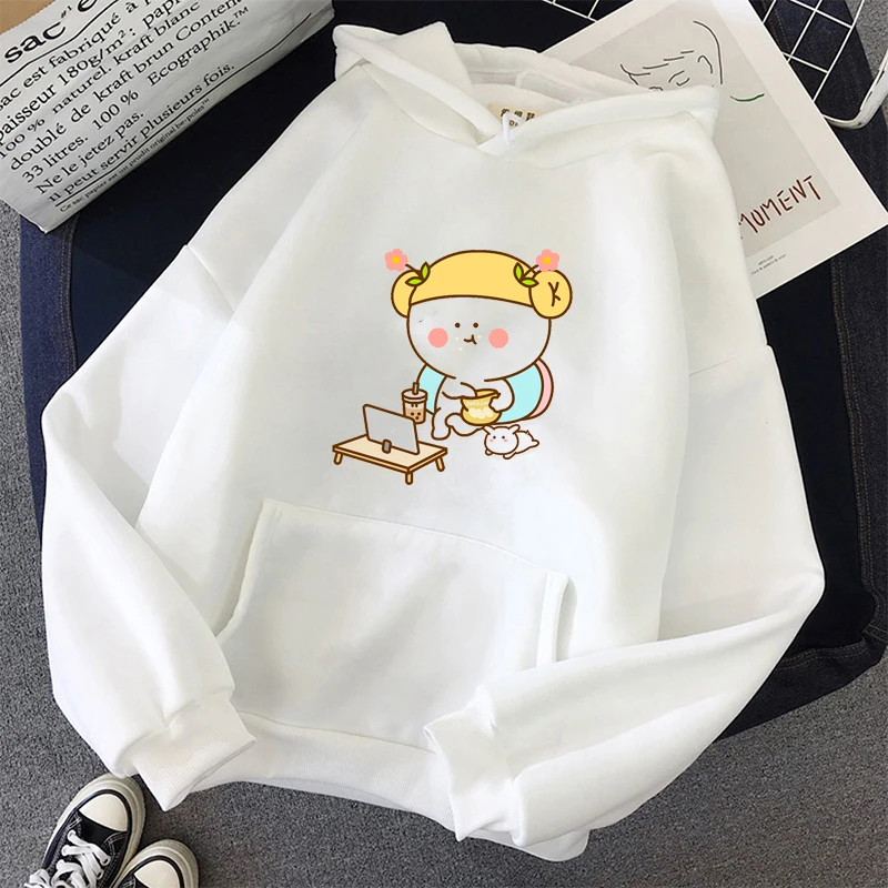 Fleece Women\'s White Hoodies Kawaii Peach Cat Cartoon Print Femme Winter Hooded Sweatshirt Tops Casual Female Jumper