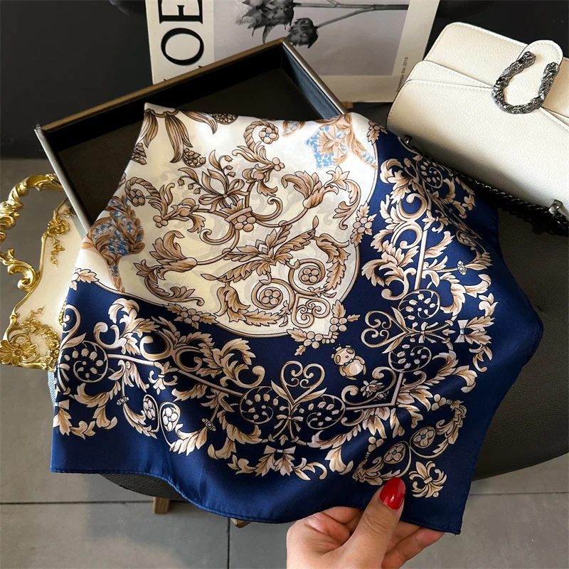 2024 Spring/Summer New70*70cm Square Scarf Breathable Flower  Print Neckerchief Women’s Classical Imitation Silk Bandannas