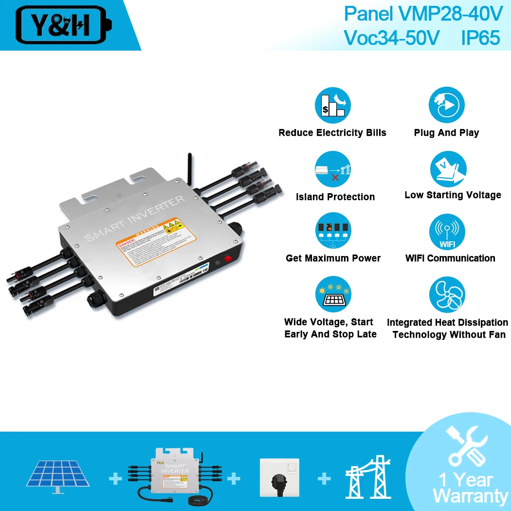 Y&H 1200W Grid Tie Micro Inverter with WIFI Communication Waterproof MPPT Stackable DC30-60V Solar Input AC220V Pure Sine Wave