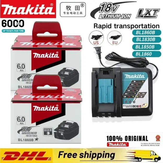 New Authentic Makita 18V LXT 6.0Ah Li-Ion Battery+drill+charger，Universal Fit BL1815、1830B、1840B、1850B、1860B、1890 Power Tools