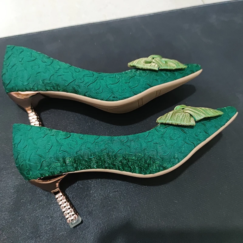 Green Silk Bowtie High Heels Pumps for Women Sexy Pointed Toe Metal Stiletto Heels Wedding Party Shoes Woman 2024 Spring Bombas