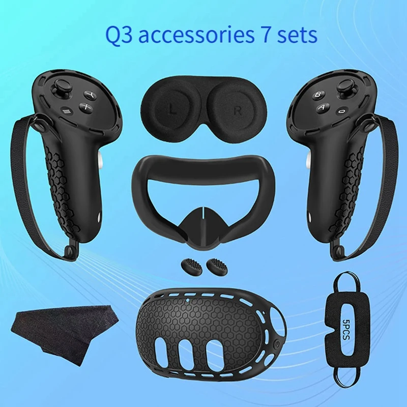 For Meta Quest 3 Silicone Case+Handle Case+Face Cover+Blackout Mask Full Kit Anti-Leakage Nose Pad VR Silicone Case