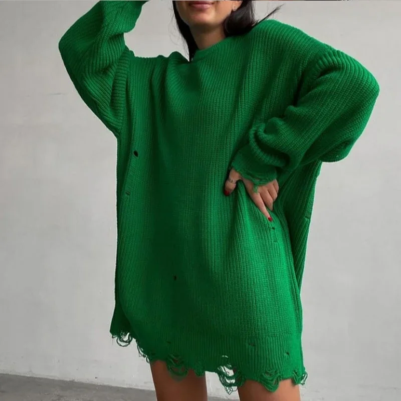 

Women Long Sleeve Mini Sweater Dress Autumn Winter Ripped Hole Knit Pullover Dress Casual Loose Oversize Knitted Short Dresses