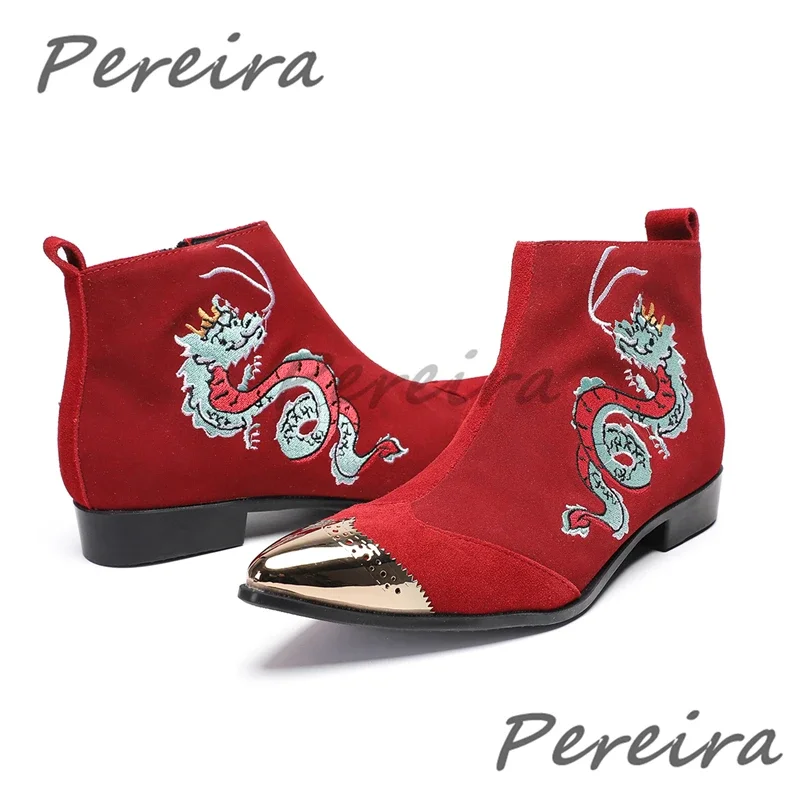 

Chinese Loong Embroidery Men's Short Boots Red Suede Leather Metal Pointy Toe Zipper Chelsea Boots Party Wedding Dress Shoes