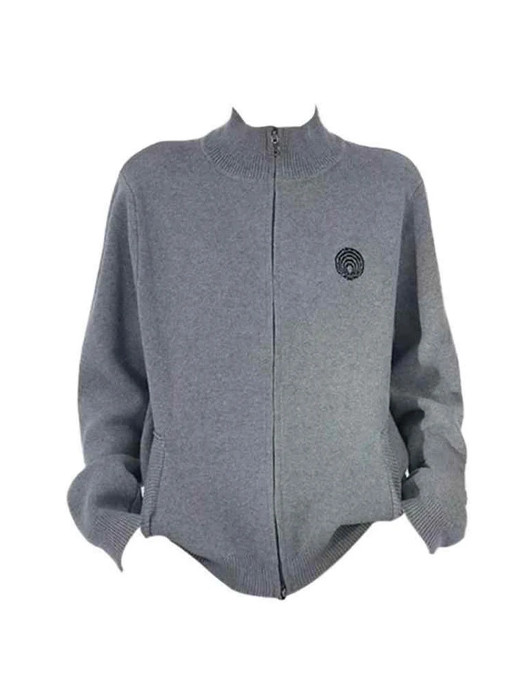 Cárdigan con cremallera completa para mujer, suéter con cuello levantado, estilo universitario coreano, manga larga, Color sólido, chaqueta de punto Y2k, invierno