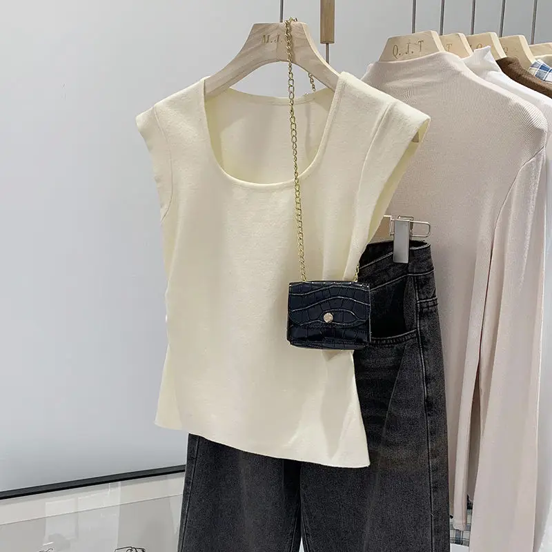 الحلو محبوك تي شيرت للنساء المشارب ساحة الرقبة الكورية موضة تي شيرت الربيع الصيف أساسيات بسيطة Ropa De Mujer
