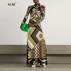 VGH Hit Color Printing Elegant Dresses For Womenlapel Long Sleeve High Waist Spiced Button Chic Dress Female Fashion Style New