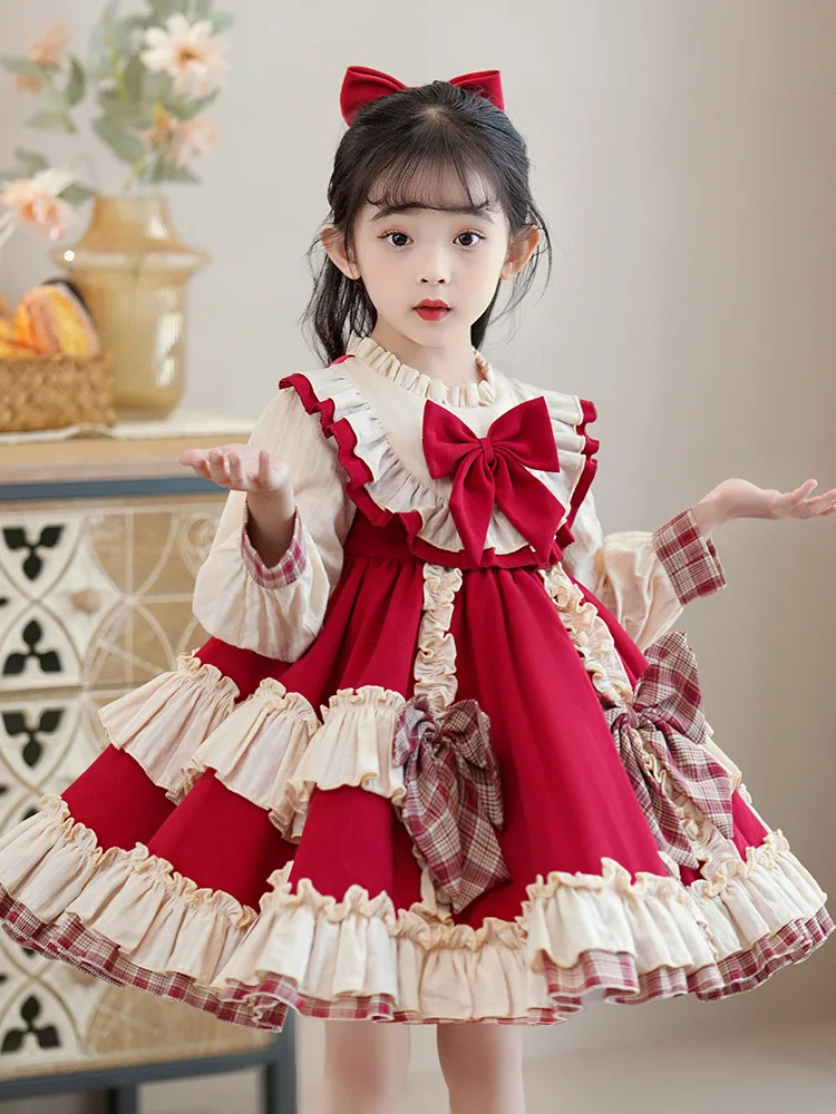 Children Birthday Princess Dress Girls2024New Autumn Lolita Dresses Western Style Bubble Skirt