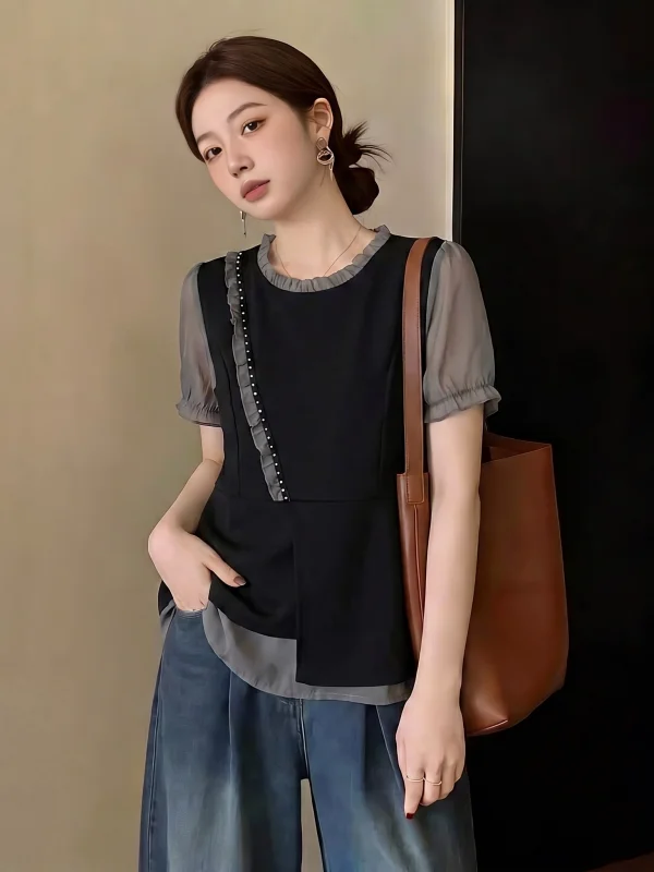 

Elegant Wooden Short Sleeve Women's Shirt Summer 2026 New Style plus Size Fashionable Age-Defying Chiffon Top