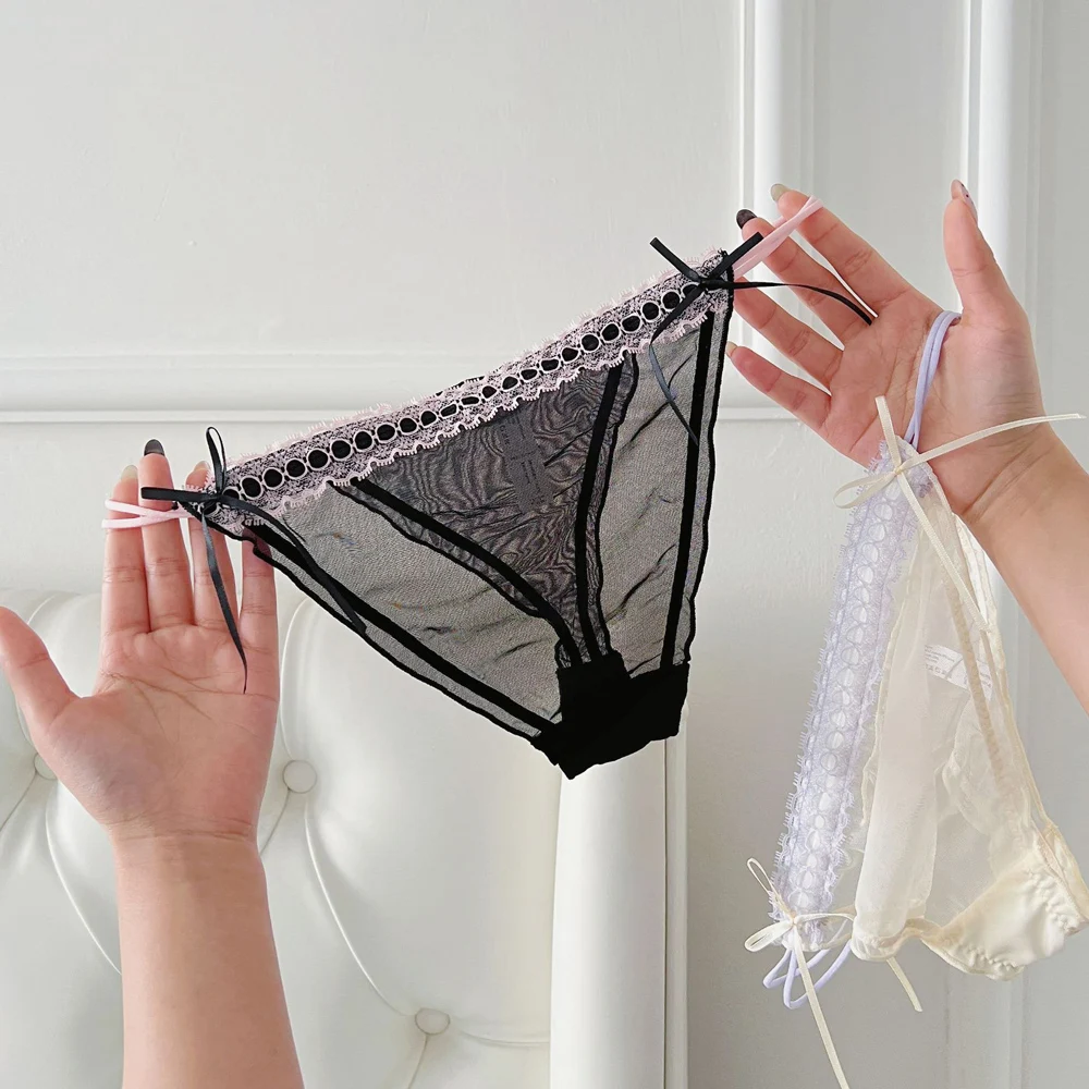 Sexy Women Panties Bow Thong Lace Jacquard Mesh Thin Transparent Ventilate Low Waist Underwear The Fabric Is Comfortable And Sof