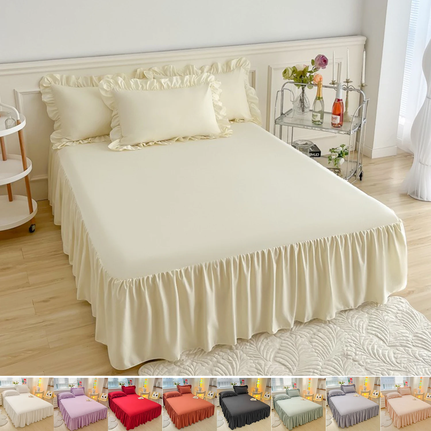 

Elastic Bed Skirt Solid Color Bed Cover Quilted Mattress Protector, (No Pillowcase)Easy Care, Wrinkle Free ,Microfiber Bed Skirt