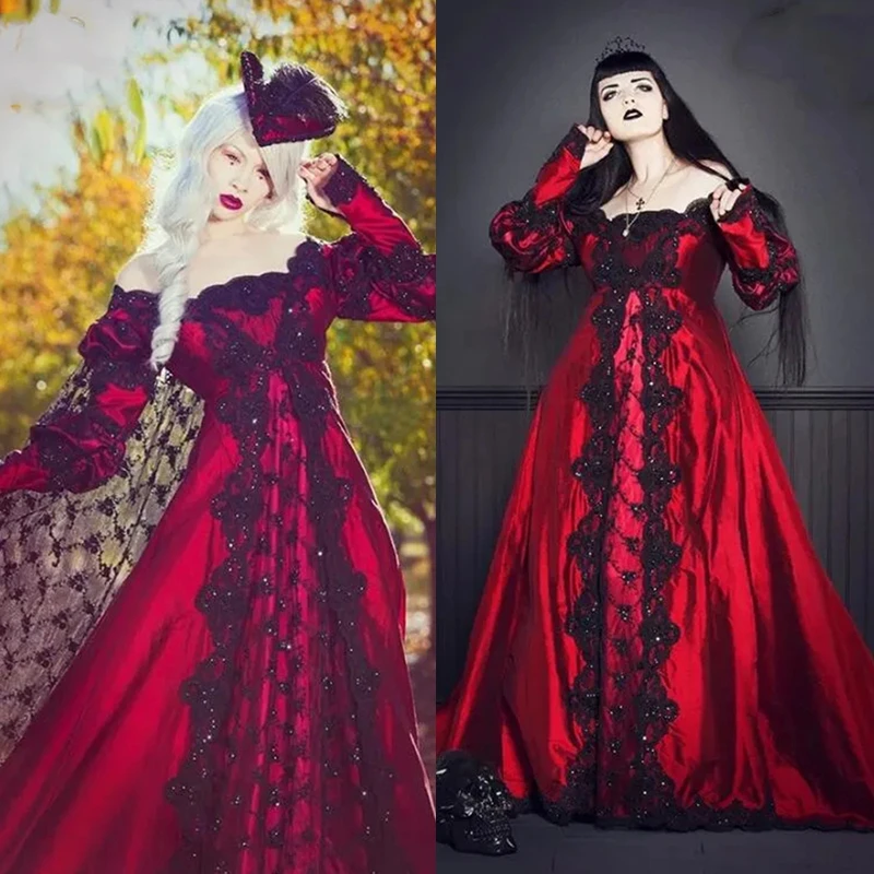 Medieval Black And Red Gothic Prom Dresses With Detachable Wrap Lace Ruched Off Shoulder Long Sleeves Formal Party Dress