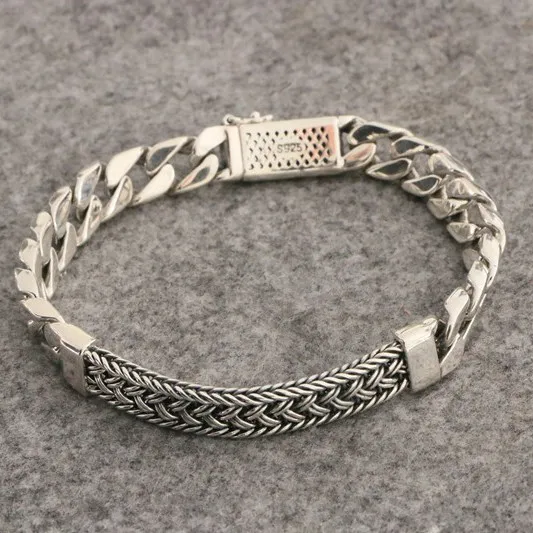

Fashionable Pure Silver 925 Braided Spliced Cuban Chain Bracelet for Men, Vintage Casual Handmade Personalized Trendy Jewelry