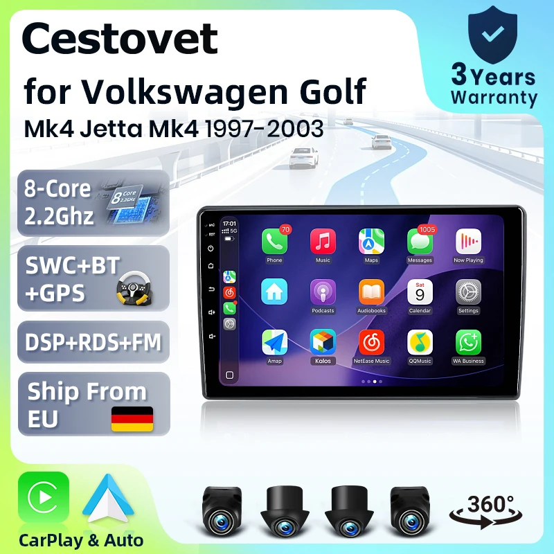 Autoradio intelligent Cestovet 9" pour VW Volkswagen Golf 4 Jetta MK4 1997-2003, caméra 360°, Android 15, CarPlay sans fil, commande vocale IA, écran tactile IPS, lecteur multimédia intelligent, unité centrale 2 Din, GPS, Mirror Link, 4G automobile.