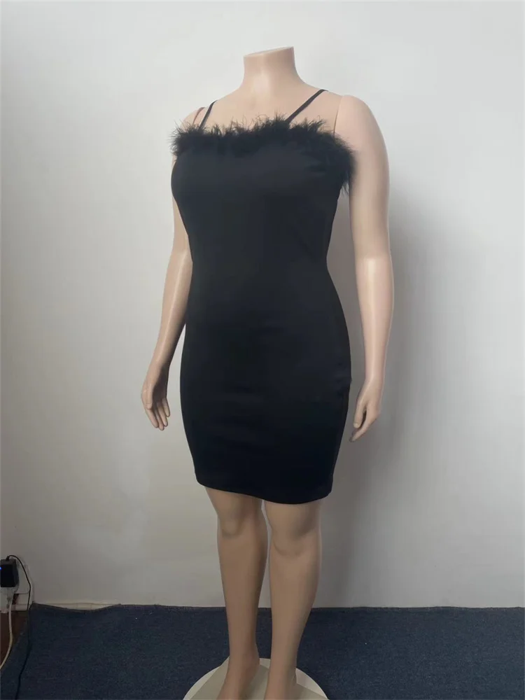 Wmstar Plus Size Dresses for Women Sleeveless Sexy Black Stretch Feather Mini Dress Summer Clothes Wholesale Dropshipping