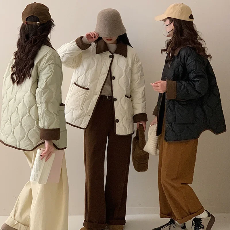 Turn Down Collar Contrast Trim Quilted Jacket Button Pocket Loose Warm Short Coat