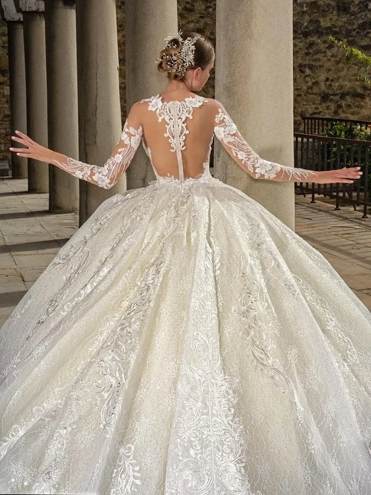

Customized Vintage Very Puffy Ball Gown Wedding Dress With Embroidery Appliques O-Neck Full Sleeves Bridal Gowns Vestido de nov