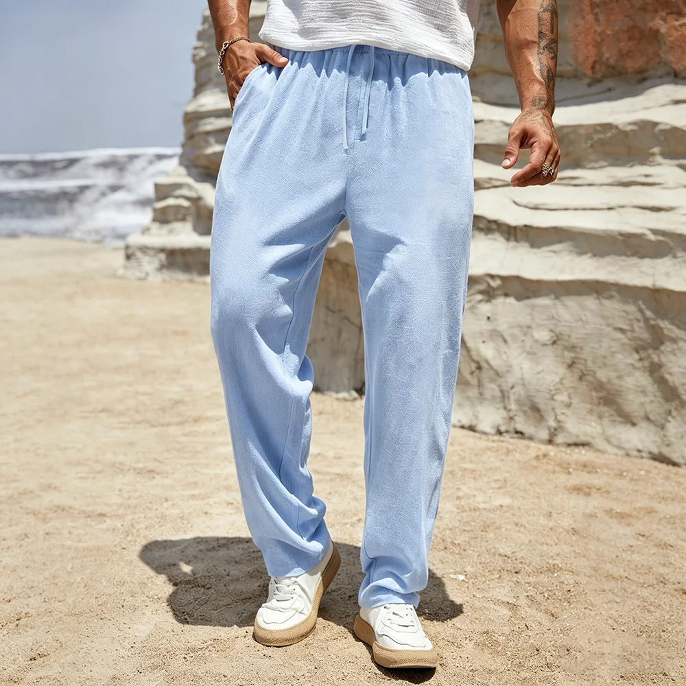 Herren-Freizeithose aus Baumwolle und Leinen, einfarbig, atmungsaktiv, Urlaubs- und Strandstil, leicht, elastische Taille, klassische Herrenhose
